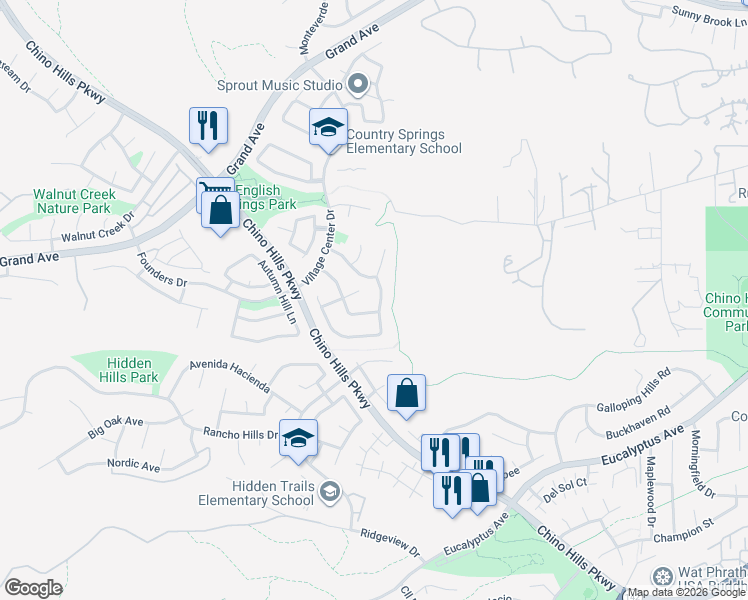map of restaurants, bars, coffee shops, grocery stores, and more near 14398 Spring Crest Drive in Chino Hills