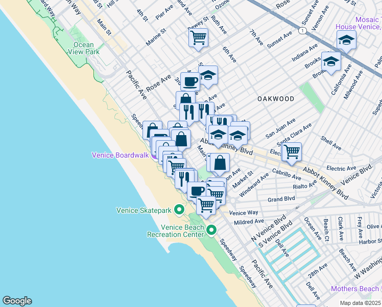 map of restaurants, bars, coffee shops, grocery stores, and more near 115 Breeze Avenue in Los Angeles