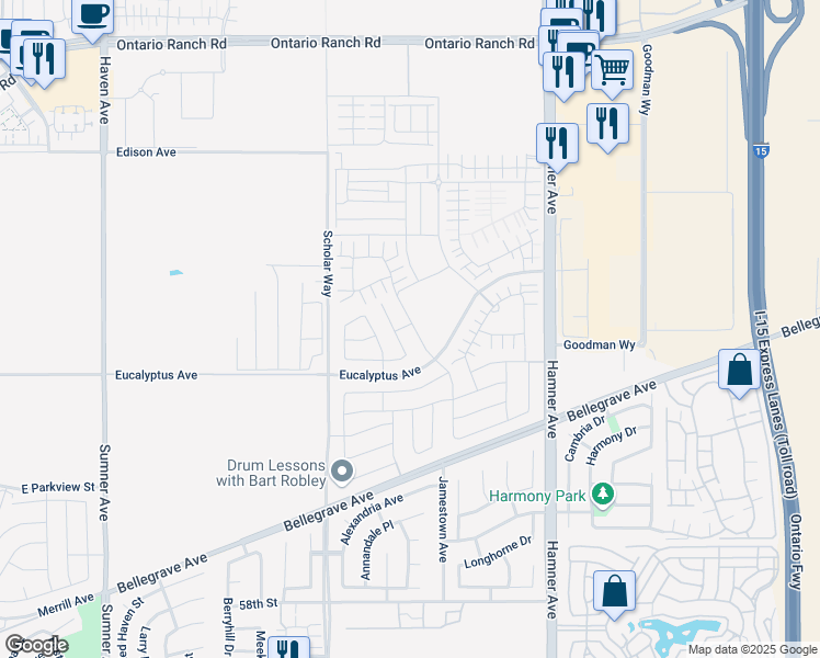 map of restaurants, bars, coffee shops, grocery stores, and more near 4565 S Mendocino Avenue in Ontario