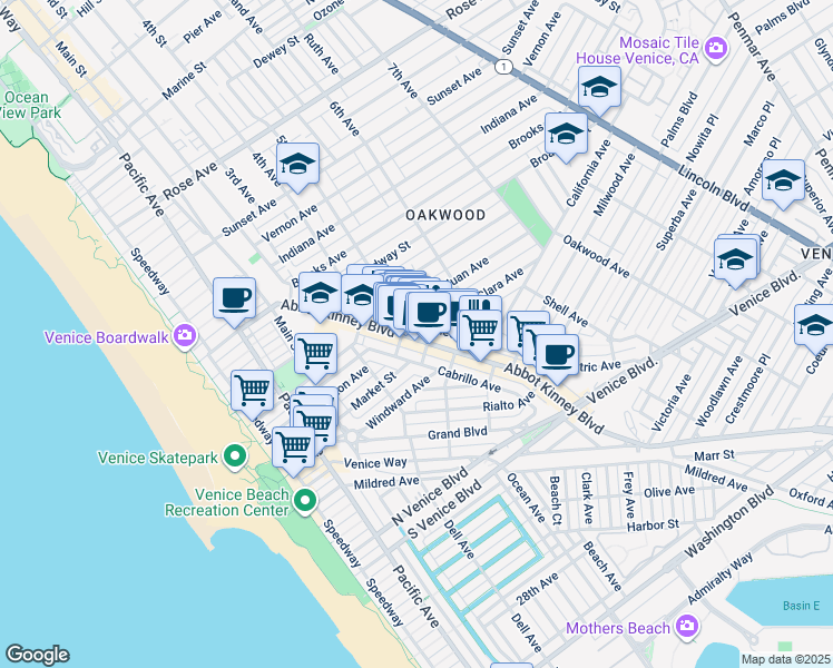 map of restaurants, bars, coffee shops, grocery stores, and more near 1237 Abbot Kinney Boulevard in Los Angeles