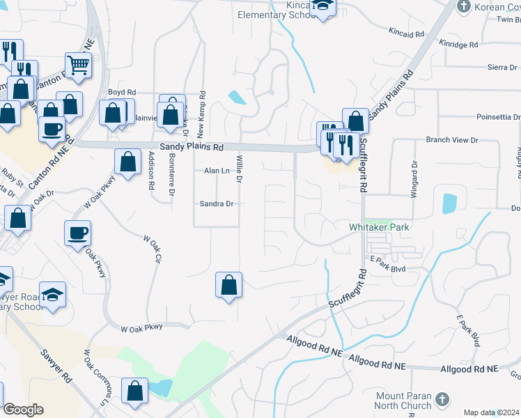 map of restaurants, bars, coffee shops, grocery stores, and more near 1577 Pinebreeze Drive in Marietta