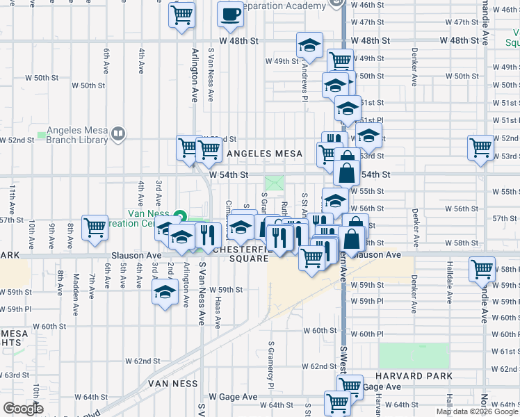 map of restaurants, bars, coffee shops, grocery stores, and more near 5527 South Gramercy Place in Los Angeles