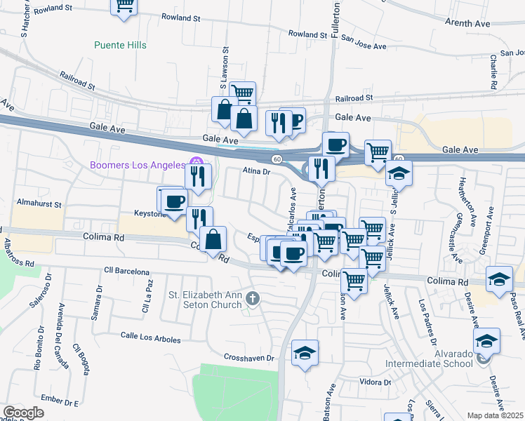 map of restaurants, bars, coffee shops, grocery stores, and more near 18126 Los Palacios Drive in Rowland Heights