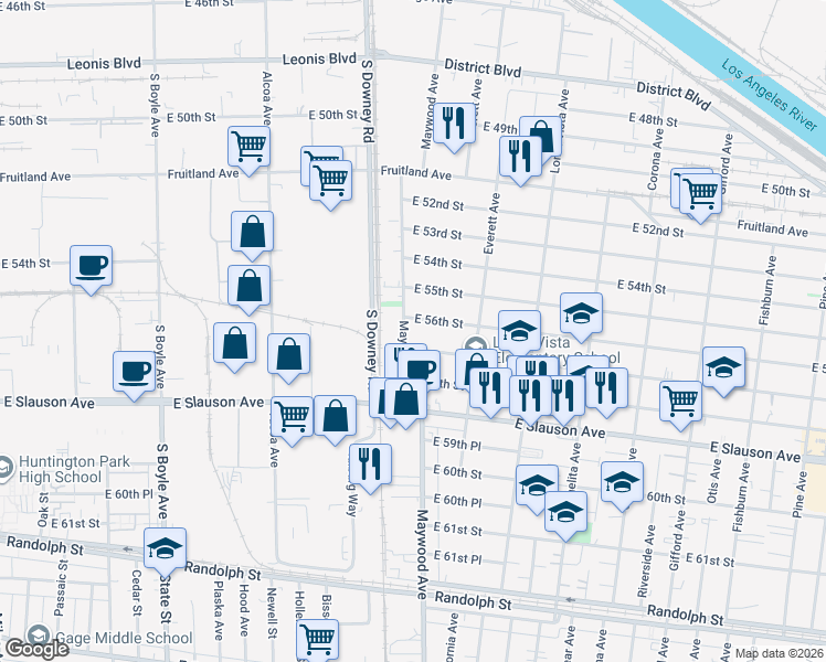map of restaurants, bars, coffee shops, grocery stores, and more near 5612 Maywood Avenue in Maywood