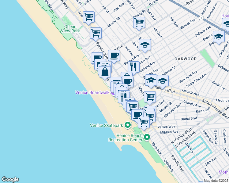 map of restaurants, bars, coffee shops, grocery stores, and more near 719 Ocean Front Walk in Los Angeles