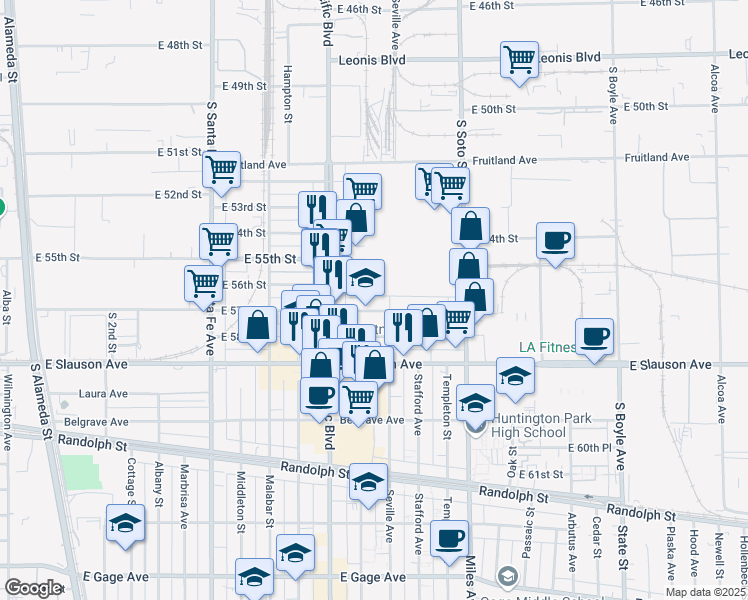 map of restaurants, bars, coffee shops, grocery stores, and more near 2653 East 57th Street in Huntington Park