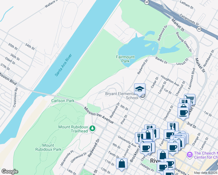 map of restaurants, bars, coffee shops, grocery stores, and more near 4630 Indian Hill Road in Riverside