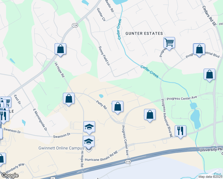 map of restaurants, bars, coffee shops, grocery stores, and more near 834 Petty Road in Lawrenceville