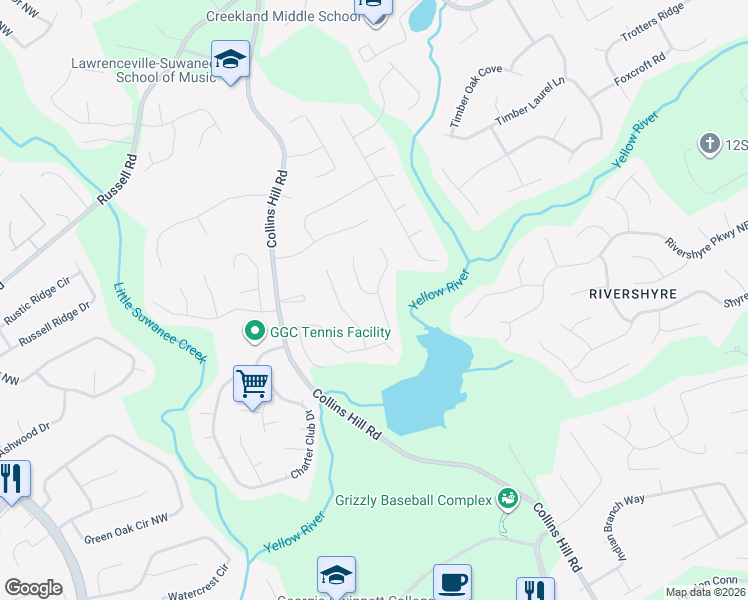 map of restaurants, bars, coffee shops, grocery stores, and more near 115 Channings Lake Dr in Lawrenceville