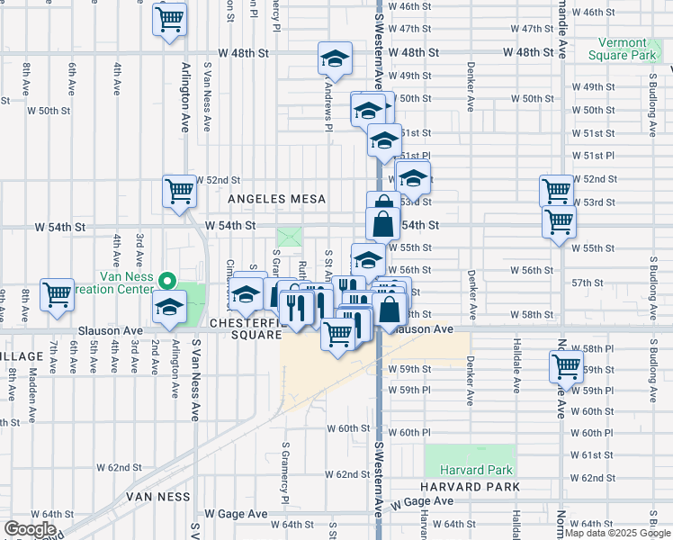 map of restaurants, bars, coffee shops, grocery stores, and more near 5526 South Saint Andrews Place in Los Angeles