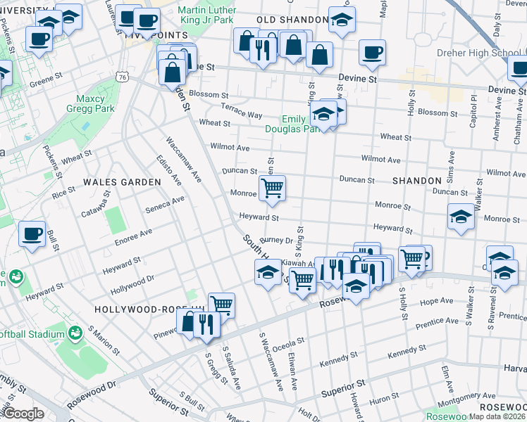 map of restaurants, bars, coffee shops, grocery stores, and more near 2433 Heyward Street in Columbia