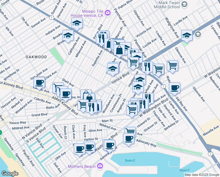 map of restaurants, bars, coffee shops, grocery stores, and more near 2307 Oakwood Avenue in Los Angeles