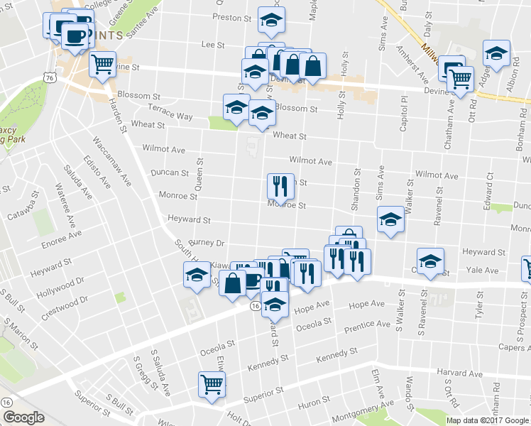 map of restaurants, bars, coffee shops, grocery stores, and more near 114 Woodrow Street in Columbia