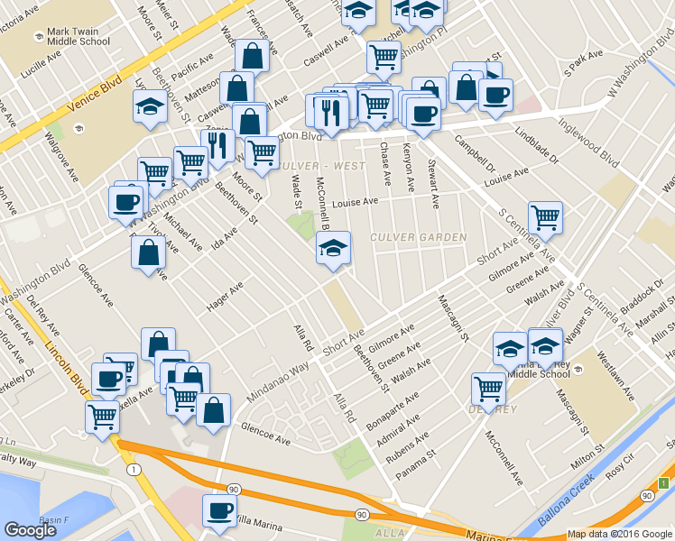 map of restaurants, bars, coffee shops, grocery stores, and more near 4284 Moore Street in Los Angeles