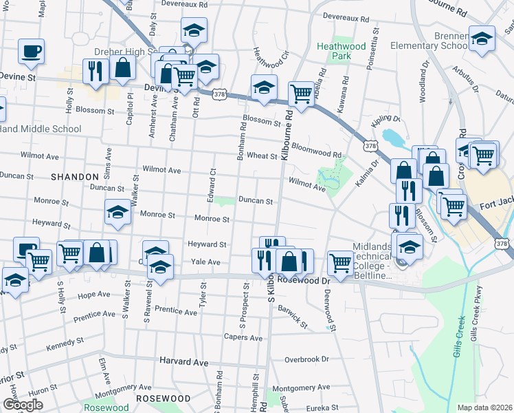 map of restaurants, bars, coffee shops, grocery stores, and more near 224 Prospect Street in Columbia
