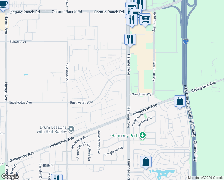 map of restaurants, bars, coffee shops, grocery stores, and more near 4193 East Sonrisa Privado in Ontario