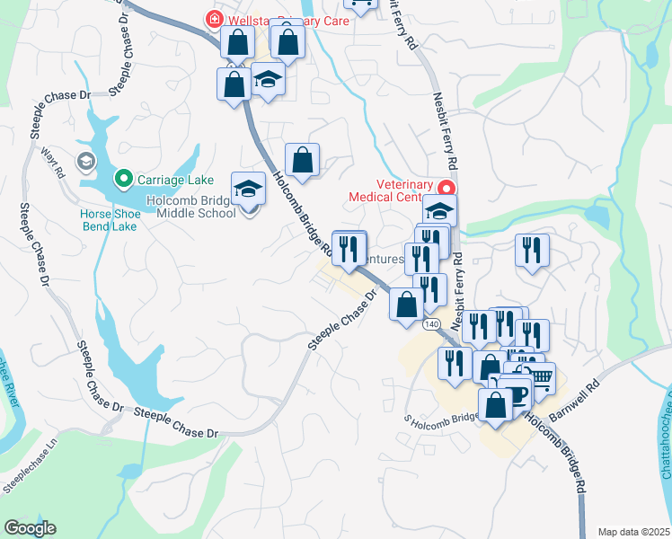 map of restaurants, bars, coffee shops, grocery stores, and more near 2830 Holcomb Bridge Road in Alpharetta