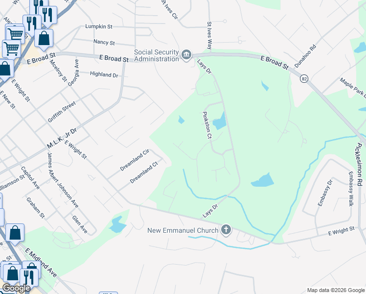 map of restaurants, bars, coffee shops, grocery stores, and more near 301 Paden Ct in Winder