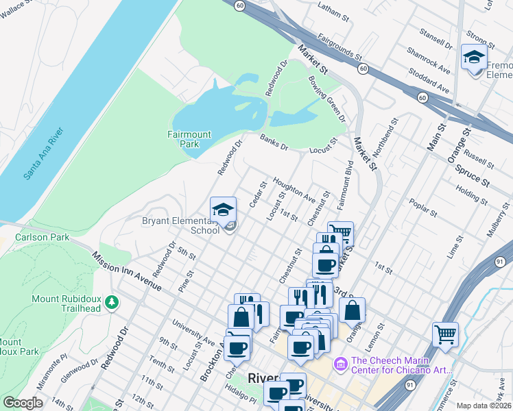 map of restaurants, bars, coffee shops, grocery stores, and more near 4262 1st Street in Riverside