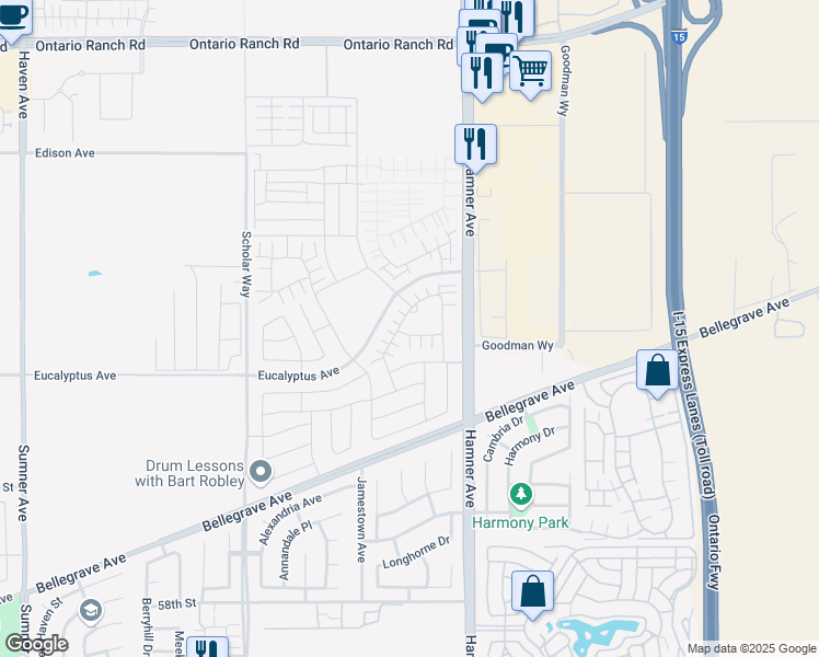 map of restaurants, bars, coffee shops, grocery stores, and more near 4183 East Sonrisa Privado in Ontario