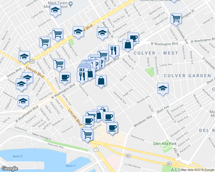 map of restaurants, bars, coffee shops, grocery stores, and more near 13215 Ida Avenue in Los Angeles