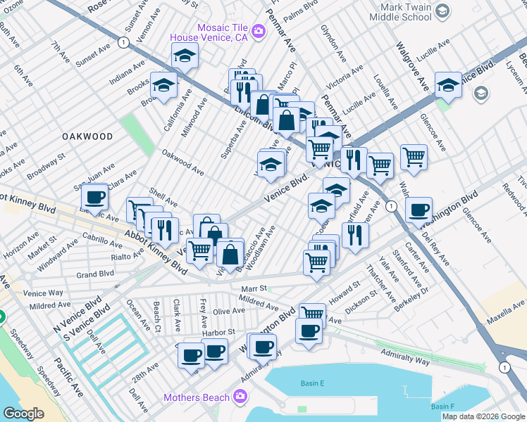 map of restaurants, bars, coffee shops, grocery stores, and more near 2307 Oakwood Avenue in Los Angeles