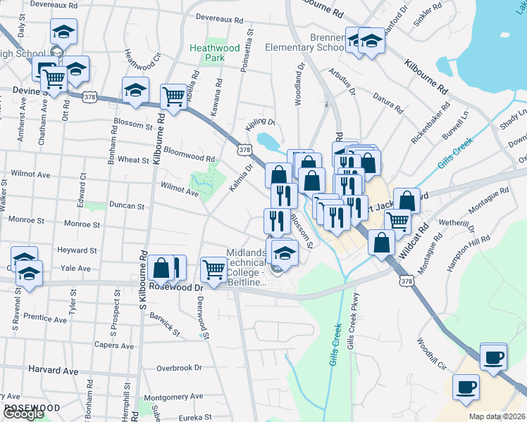 map of restaurants, bars, coffee shops, grocery stores, and more near 4327 Azalea Drive in Columbia