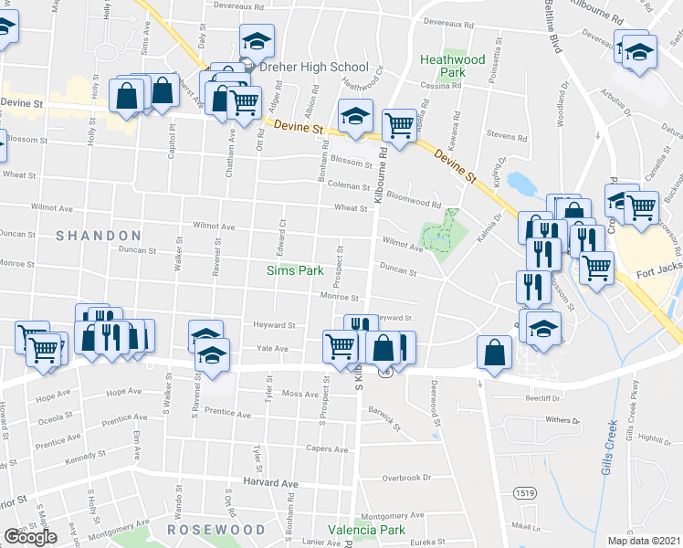 map of restaurants, bars, coffee shops, grocery stores, and more near 224 Prospect Street in Columbia
