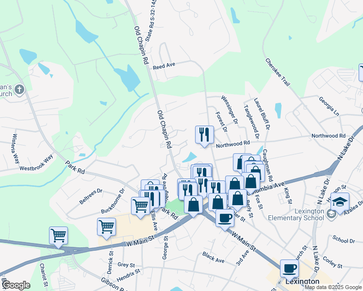 map of restaurants, bars, coffee shops, grocery stores, and more near 144 Old Chapin Road in Lexington