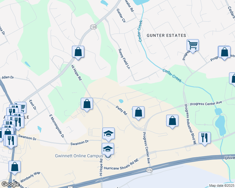 map of restaurants, bars, coffee shops, grocery stores, and more near 950 Sunny Lake Drive in Lawrenceville