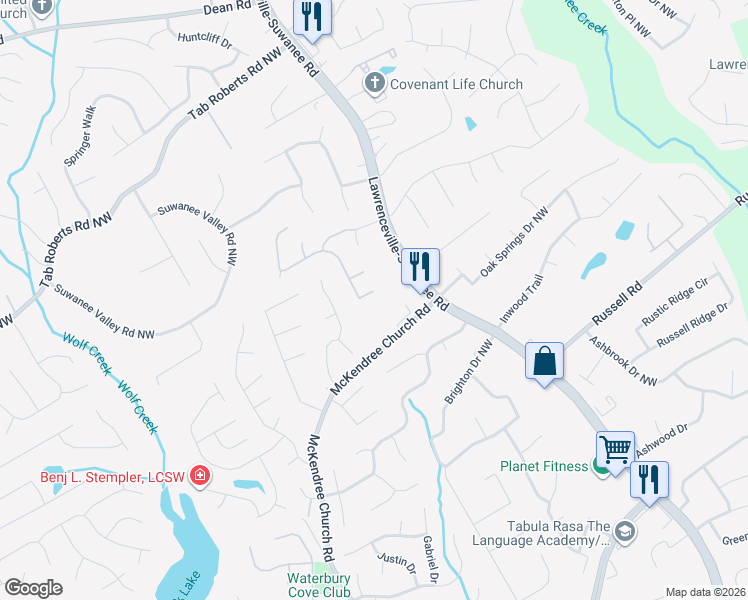 map of restaurants, bars, coffee shops, grocery stores, and more near 1700 Henderson Way Northwest in Lawrenceville