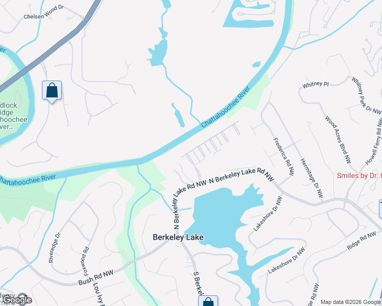 map of restaurants, bars, coffee shops, grocery stores, and more near 4238 West River Park in Berkeley Lake