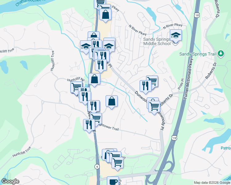 map of restaurants, bars, coffee shops, grocery stores, and more near 1201 Apperley Place in Sandy Springs