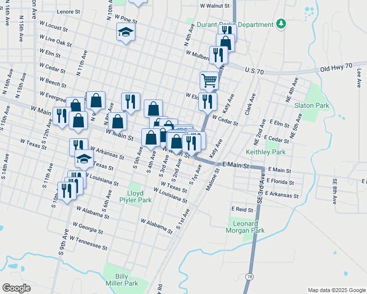 map of restaurants, bars, coffee shops, grocery stores, and more near 212 West Main Street in Durant