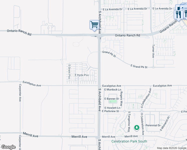 map of restaurants, bars, coffee shops, grocery stores, and more near 14516 South Archibald Avenue in Ontario