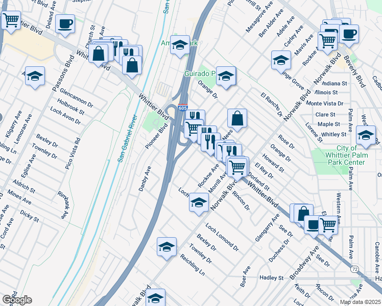 map of restaurants, bars, coffee shops, grocery stores, and more near 6031 Redman Avenue in Whittier