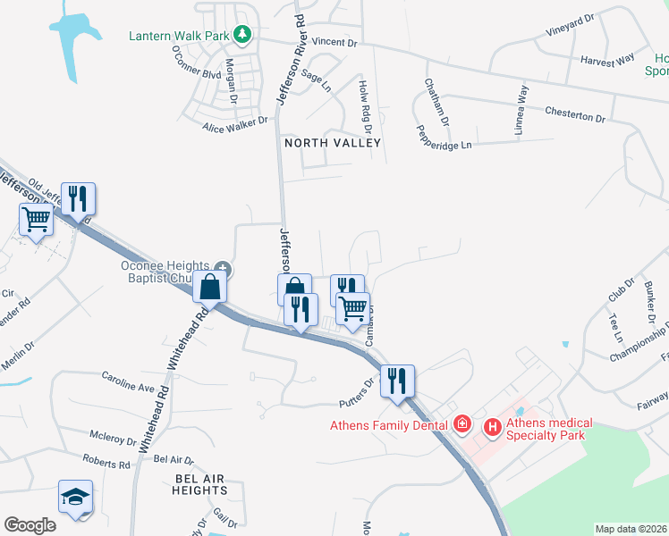map of restaurants, bars, coffee shops, grocery stores, and more near 240 Camak Drive in Athens