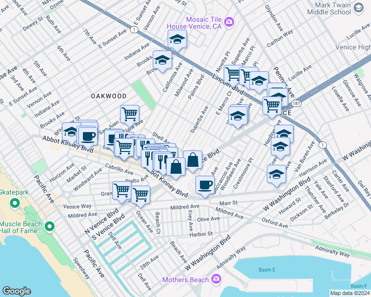 map of restaurants, bars, coffee shops, grocery stores, and more near 704 Superba Avenue in Los Angeles