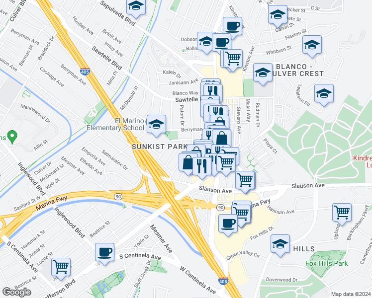 map of restaurants, bars, coffee shops, grocery stores, and more near 11429 Culver Park Drive in Culver City