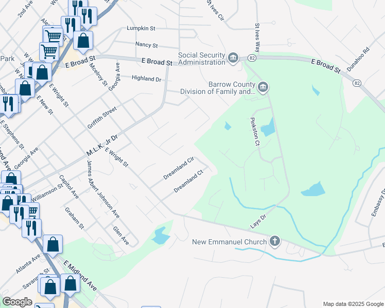 map of restaurants, bars, coffee shops, grocery stores, and more near 240 Dreamland Circle in Winder