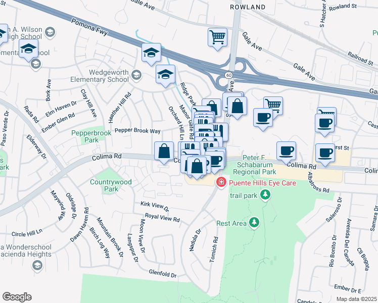 map of restaurants, bars, coffee shops, grocery stores, and more near 1769 Manor Gate Road in Hacienda Heights