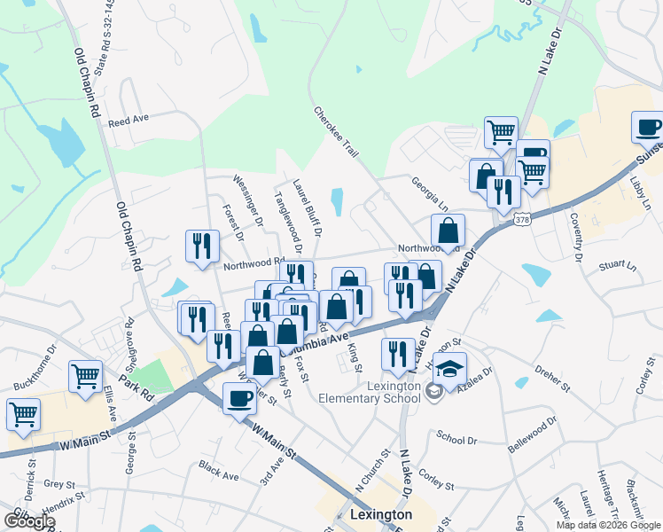 map of restaurants, bars, coffee shops, grocery stores, and more near 502 Northwood Road in Lexington