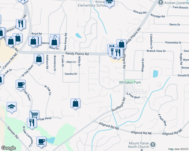 map of restaurants, bars, coffee shops, grocery stores, and more near 1360 Pinebreeze Court in Marietta
