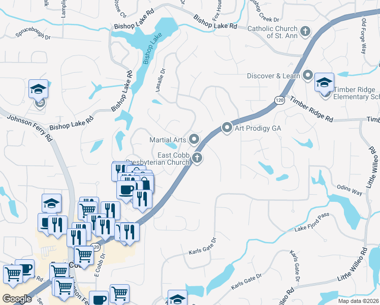 map of restaurants, bars, coffee shops, grocery stores, and more near 4583 Rutherford Drive in Marietta