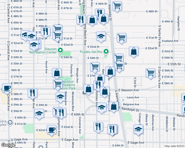 map of restaurants, bars, coffee shops, grocery stores, and more near 5550 Duarte Street in Los Angeles