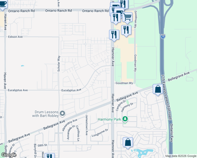 map of restaurants, bars, coffee shops, grocery stores, and more near 4193 East Sonrisa Privado in Ontario
