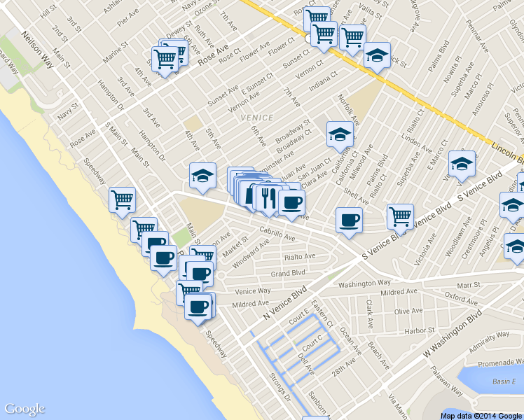 map of restaurants, bars, coffee shops, grocery stores, and more near 1205 Abbot Kinney Boulevard in Los Angeles