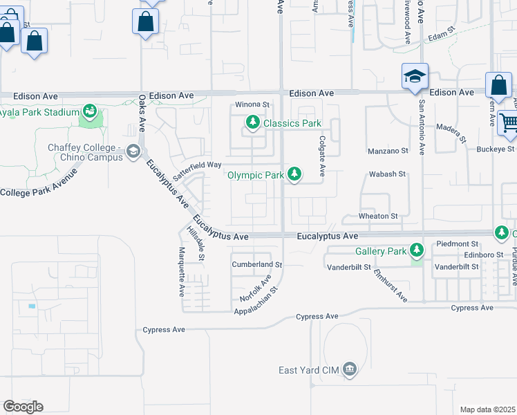 map of restaurants, bars, coffee shops, grocery stores, and more near 6229 Hilbert Street in Chino