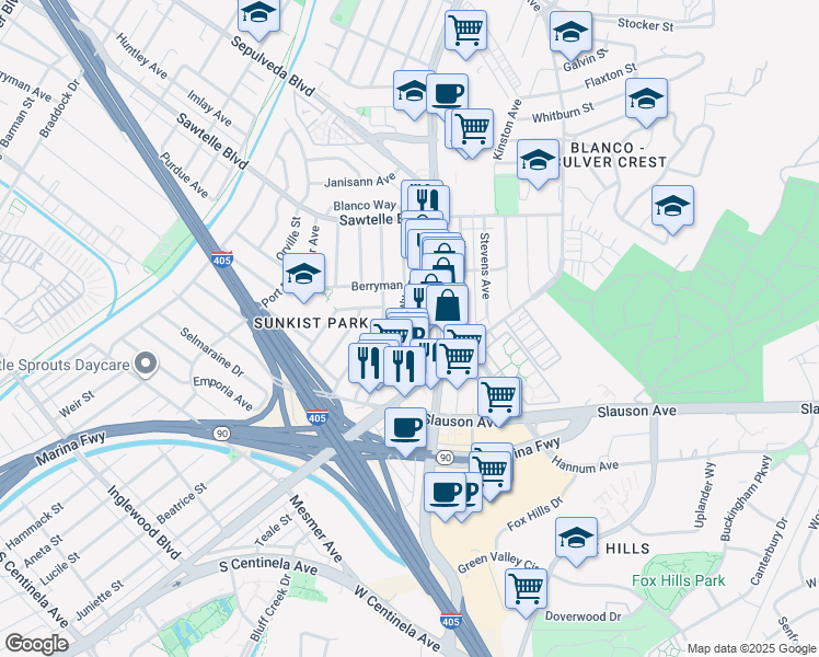 map of restaurants, bars, coffee shops, grocery stores, and more near 11418 Segrell Way in Culver City