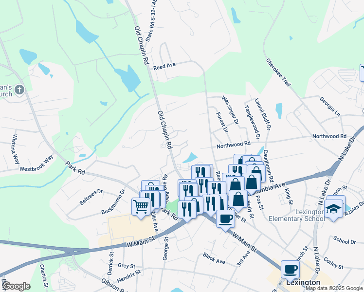 map of restaurants, bars, coffee shops, grocery stores, and more near 144 Old Chapin Road in Lexington
